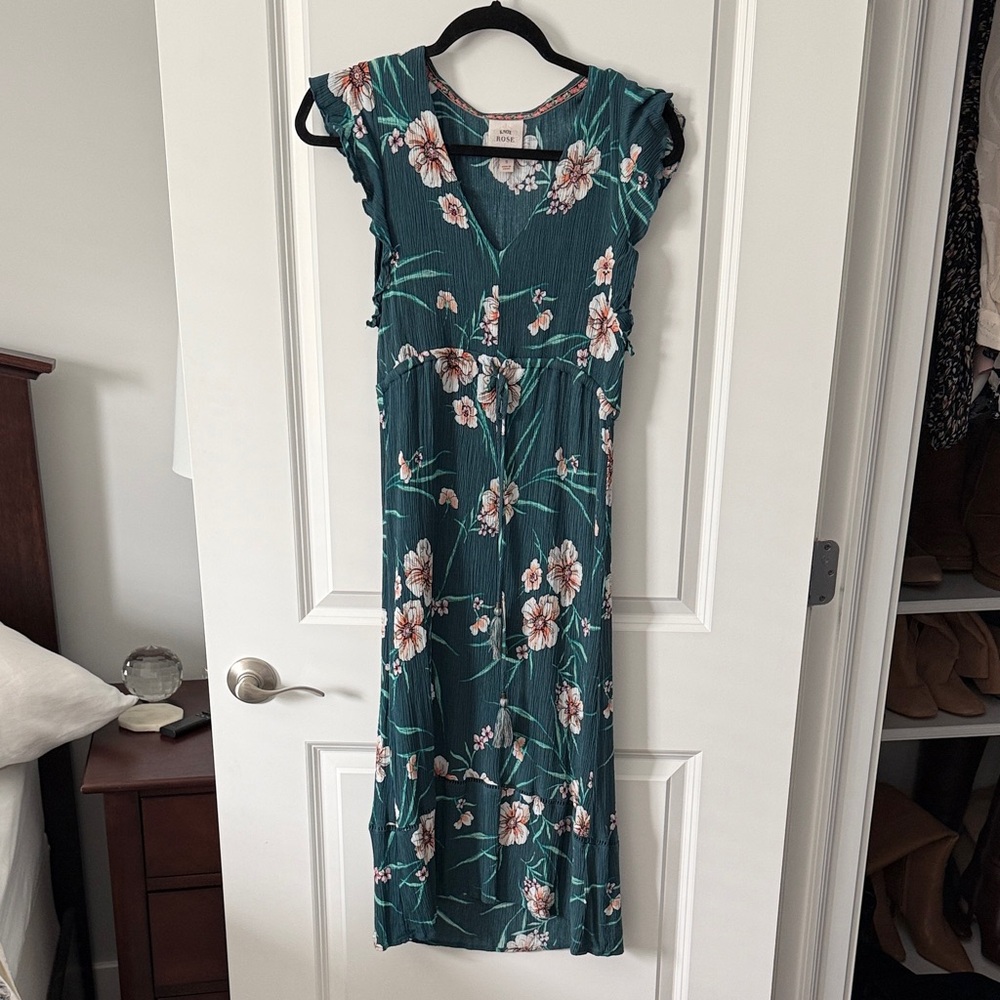 Teal Floral Midi Dress with Pink & Cream Blooms
